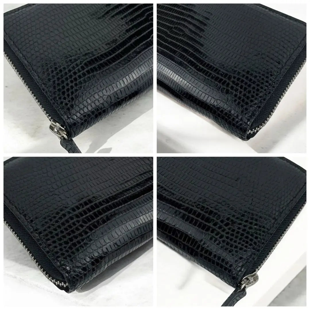 Lizard Lizard Leather Long Wallet Round Zip Glossy Real Leather Black