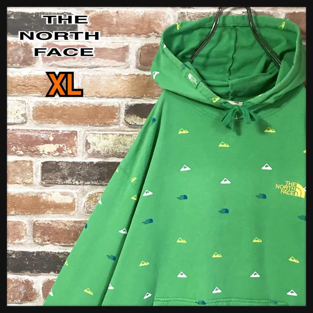 [Popular] The North Face Hoodie, All-over Pattern, Embroidered Logo, Green, XL