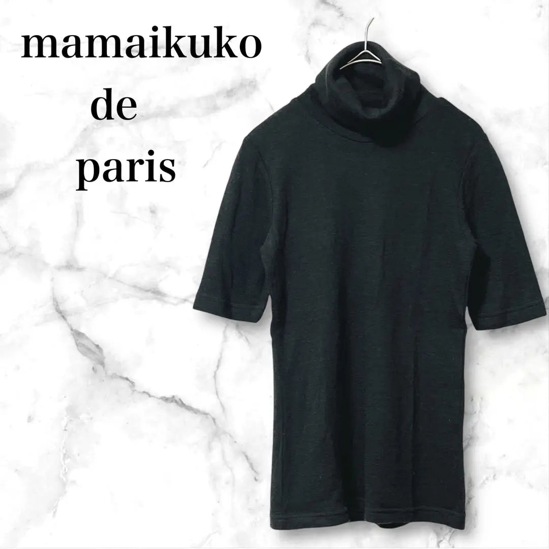 [Mamicco] Short-sleeved knit turtleneck pullover wool blend made in Japan black | 【ママイクコ】半袖ニット タートルネック プルオーバー ウール混 日本製 黒