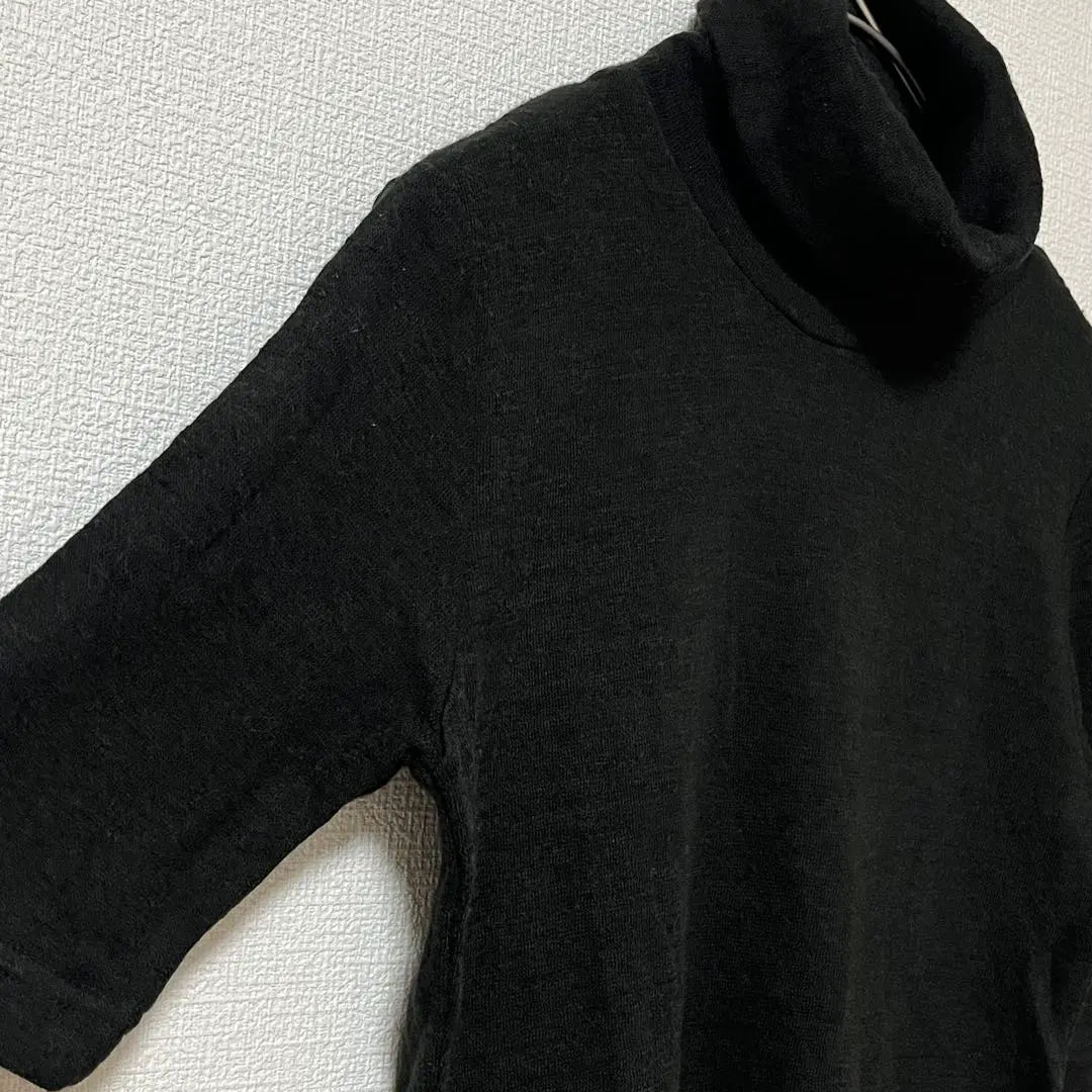 [Mamicco] Jersey de punto de manga corta con cuello alto en mezcla de lana hecho en Japón negro | 【ママイクコ】半袖ニット タートルネック プルオーバー ウール混 日本製 黒