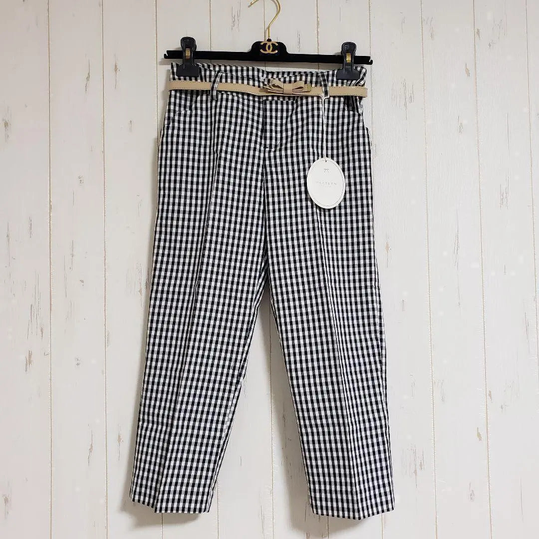 New △Pattern Fiona △Cropped 7-part check pants with belt, black and white S