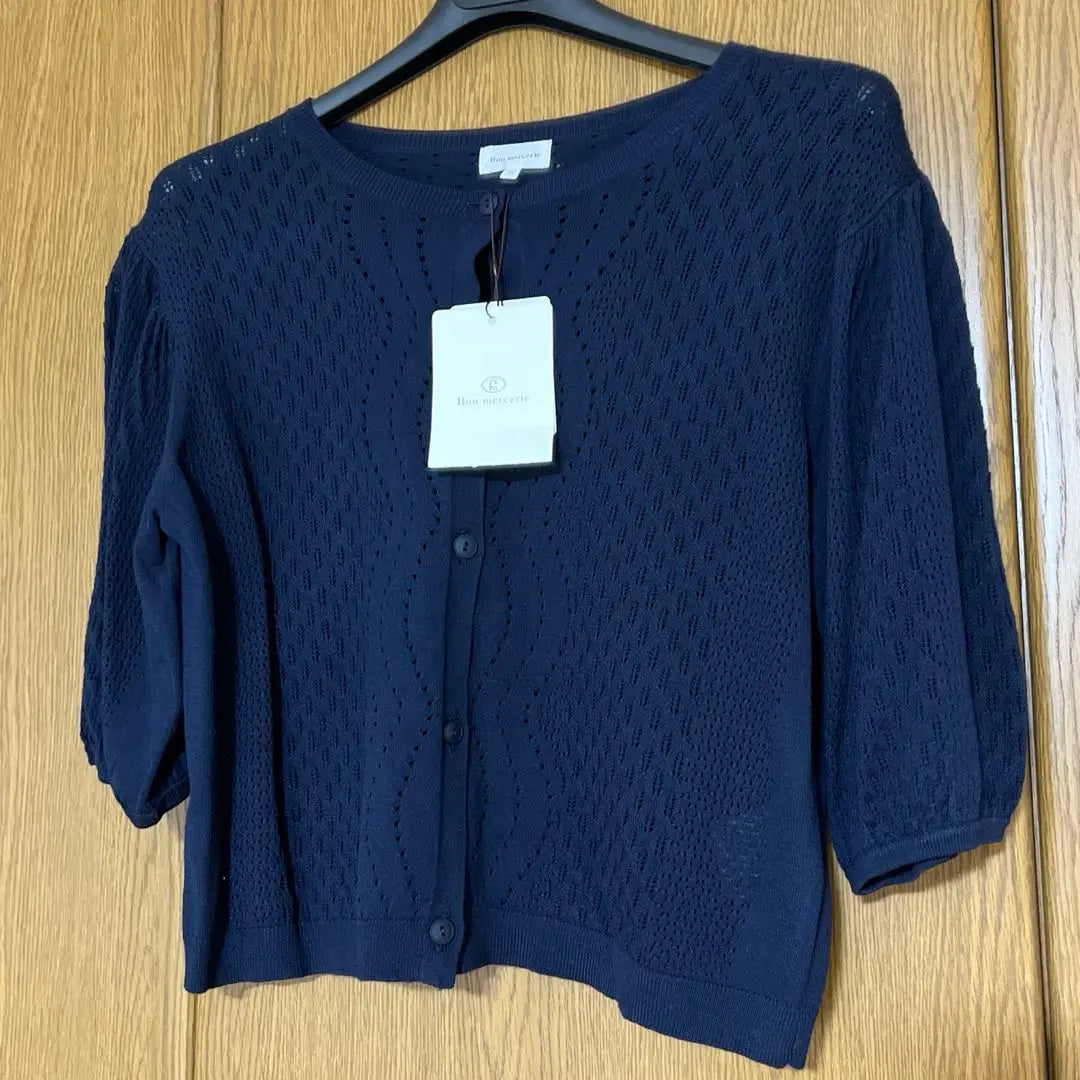 New Bomel Three Navy Openwork Knit Short Sleeve Cardigan