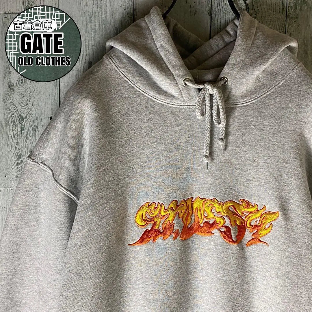 [※Rare] Stussy★Fire Embroidered Logo Sweatshirt Hoodie Gray XL②