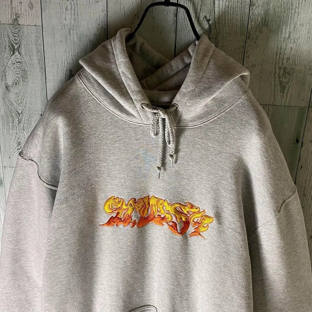 [※Rare] Stussy★Fire Embroidered Logo Sweatshirt Hoodie Gray XL②