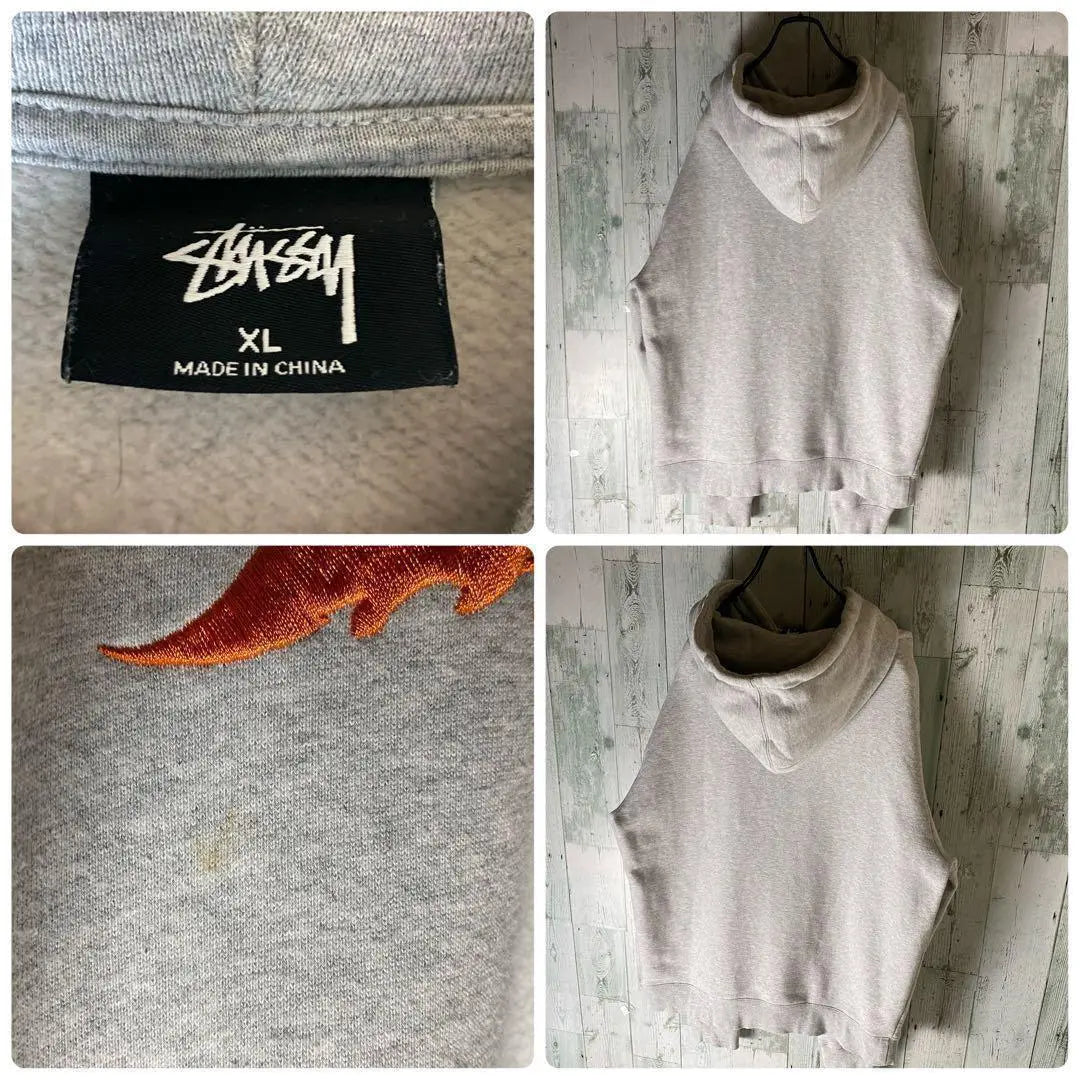 [※Rare] Stussy★Fire Embroidered Logo Sweatshirt Hoodie Gray XL②