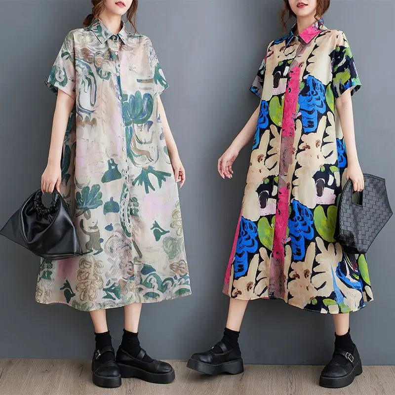 Printed large size shirt dress switch button short sleeve Korean chic