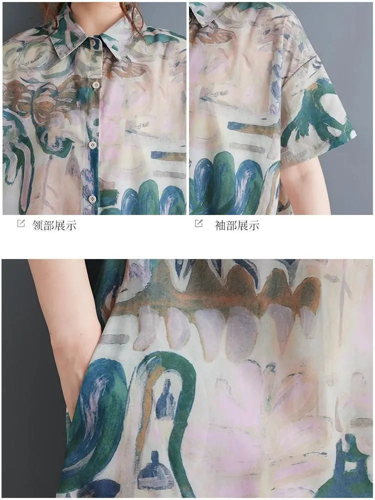 Printed large size shirt dress switch button short sleeve Korean chic