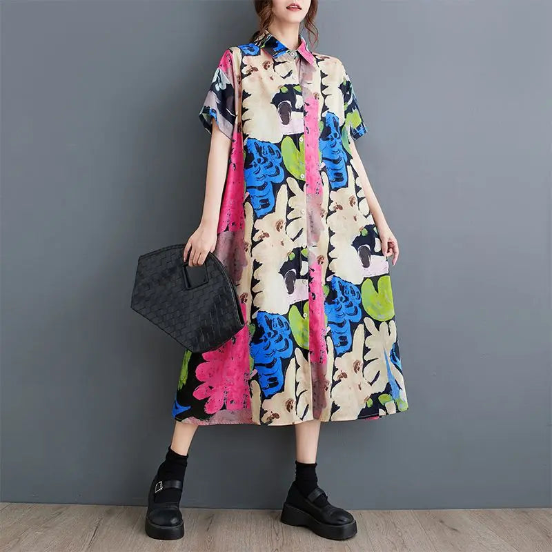 Printed large size shirt dress switch button short sleeve Korean chic