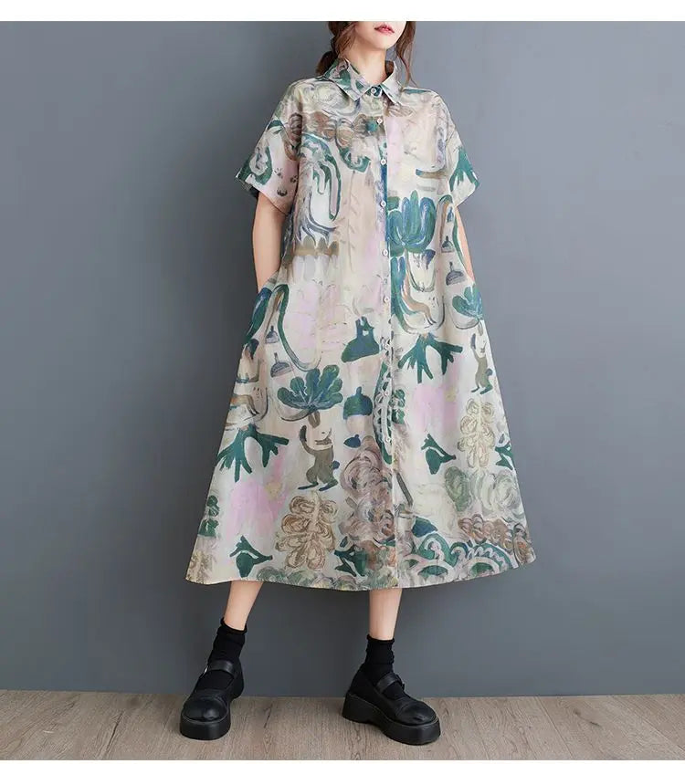 Printed large size shirt dress switch button short sleeve Korean chic