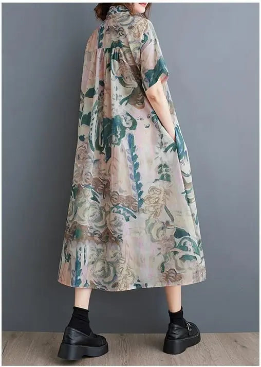 Vestido camisero estampado de talla grande con botones y manga corta estilo coreano chic