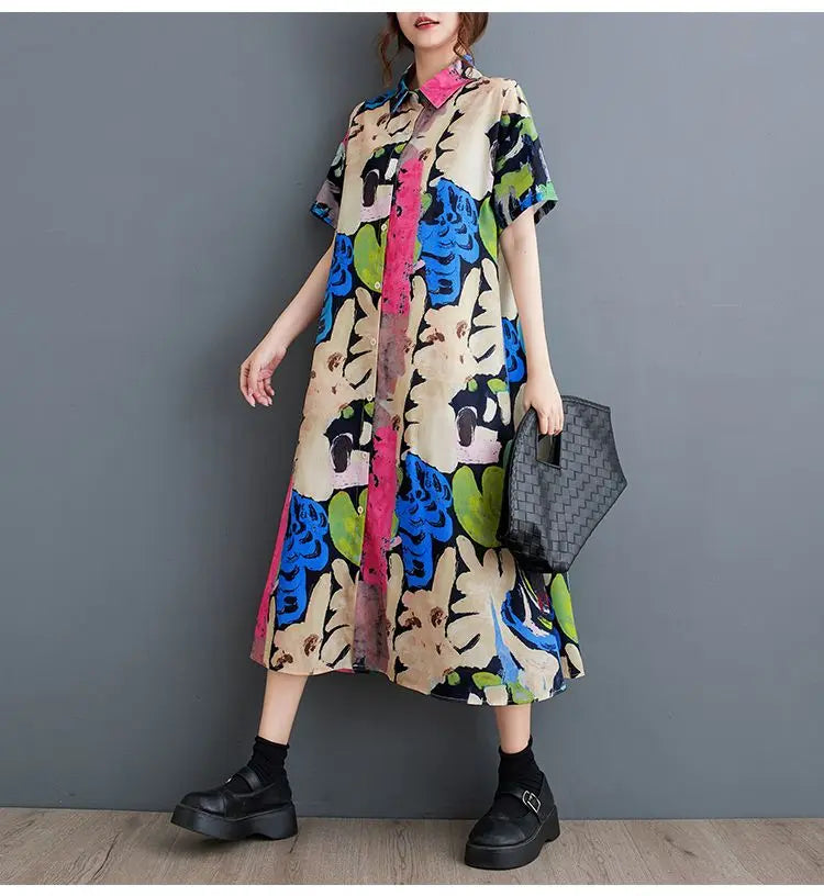 Printed large size shirt dress switch button short sleeve Korean chic