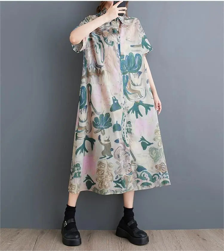 Printed large size shirt dress switch button short sleeve Korean chic