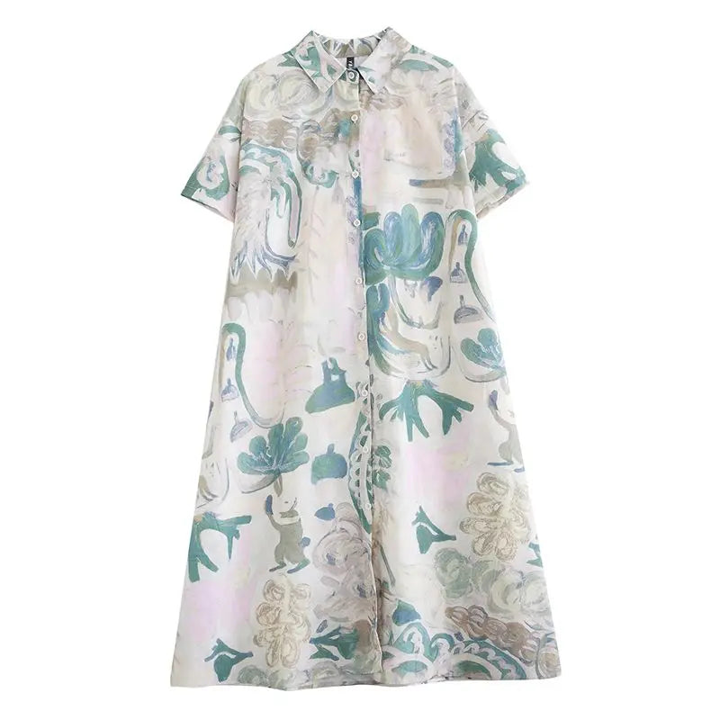 Printed large size shirt dress switch button short sleeve Korean chic