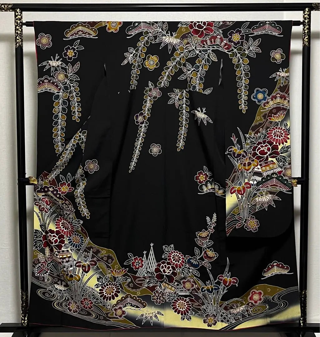 ④⑧⑨ Furisode, Kyoto Bingata, Yamato-made, black background, pure silk, kimono, super beautiful