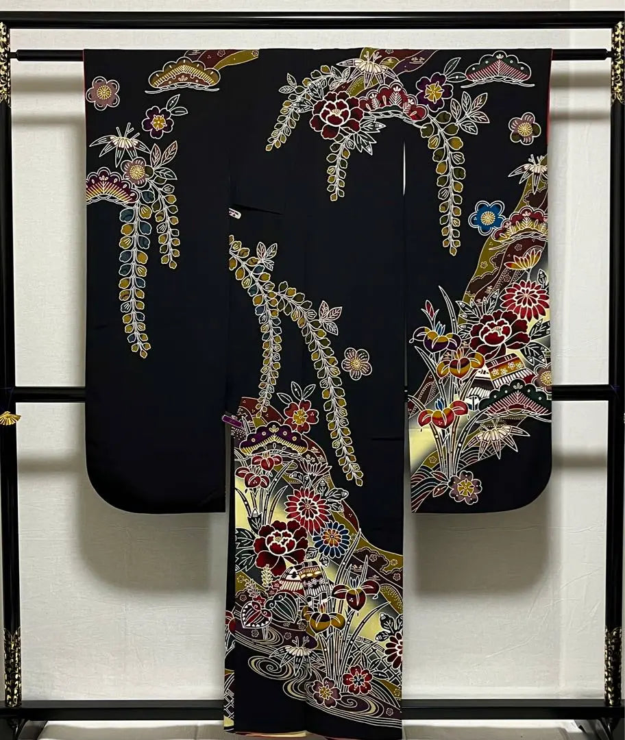 ④⑧⑨ Furisode, Kyoto Bingata, Yamato-made, black background, pure silk, kimono, super beautiful