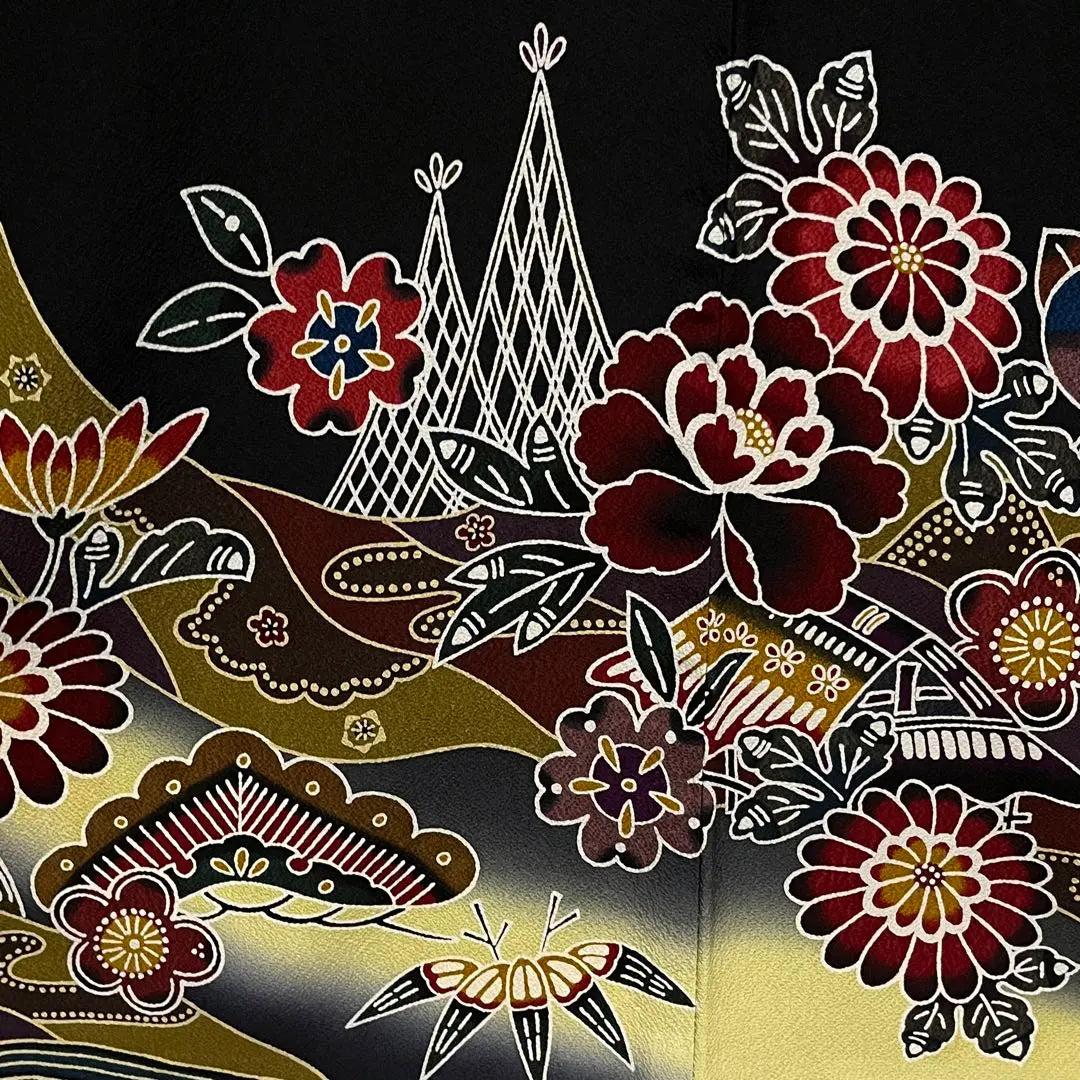 ④⑧⑨ Furisode, Kyoto Bingata, Yamato-made, black background, pure silk, kimono, super beautiful