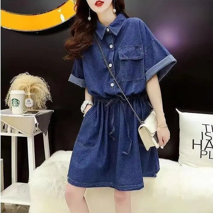 [Large sizes available] Women's Denim Dress Spring/Summer Autumn New Short Sleeve