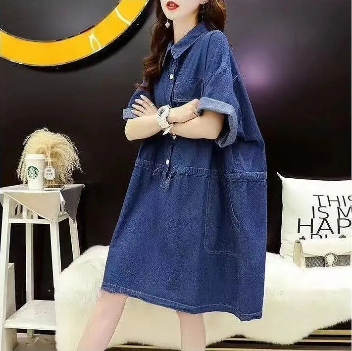 [Large sizes available] Women's Denim Dress Spring/Summer Autumn New Short Sleeve