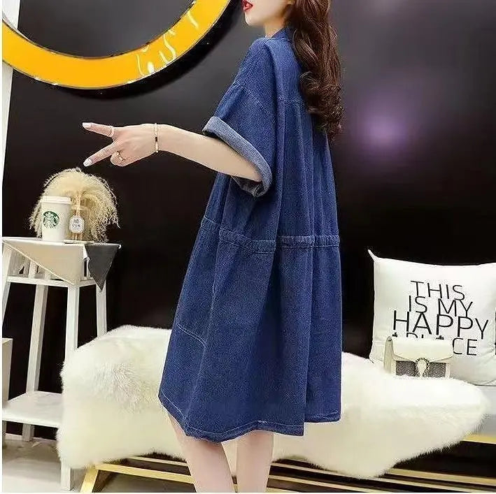 [Large sizes available] Women's Denim Dress Spring/Summer Autumn New Short Sleeve