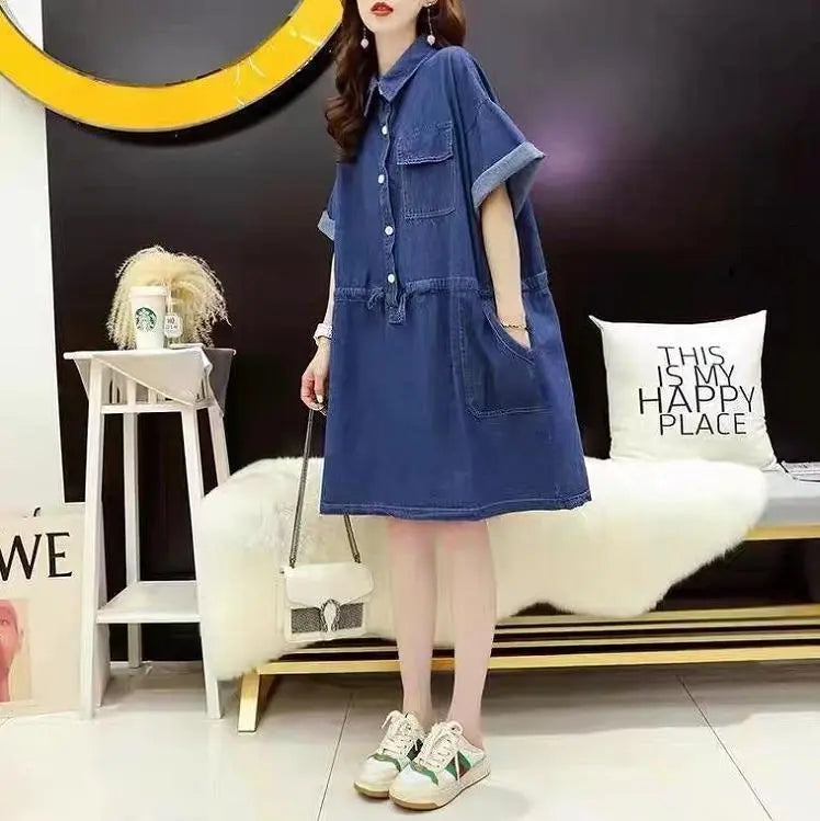 [Large sizes available] Women's Denim Dress Spring/Summer Autumn New Short Sleeve