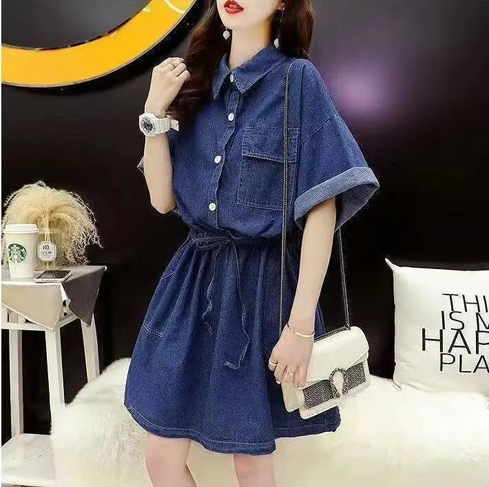 [Large sizes available] Women's Denim Dress Spring/Summer Autumn New Short Sleeve