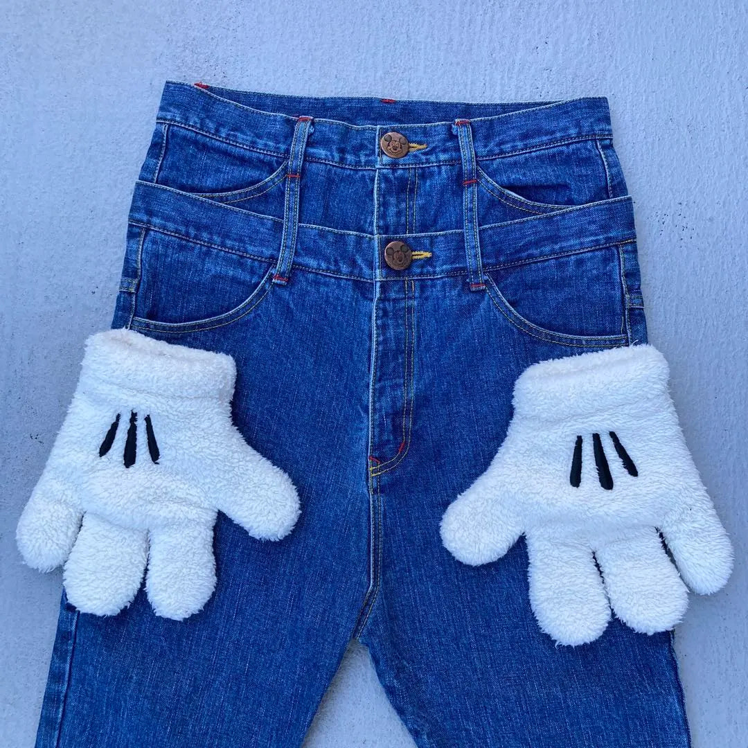 Disney denim pants, double waist, Mickey gloves, unique, old clothes