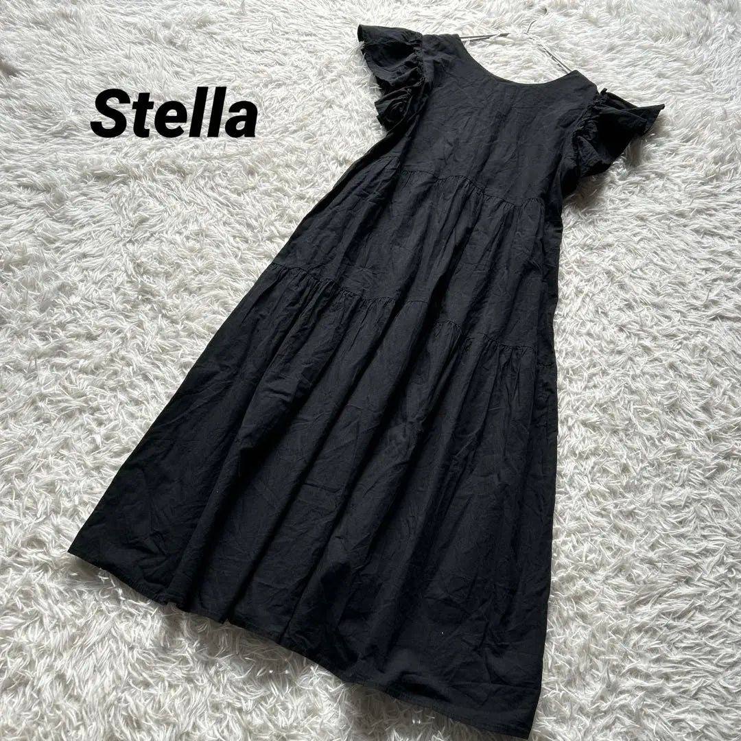 Long cut and sew flare dress, black, M, L, sleeve ruffles, plain, old clothes