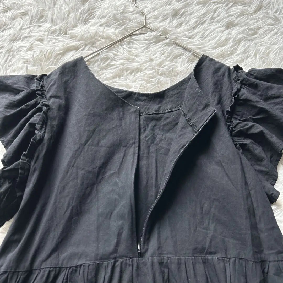 Long cut and sew flare dress, black, M, L, sleeve ruffles, plain, old clothes