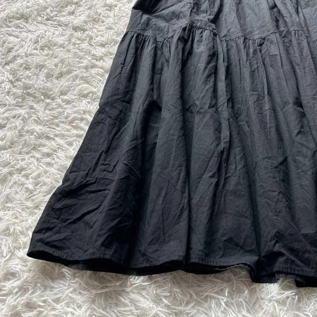 Long cut and sew flare dress, black, M, L, sleeve ruffles, plain, old clothes