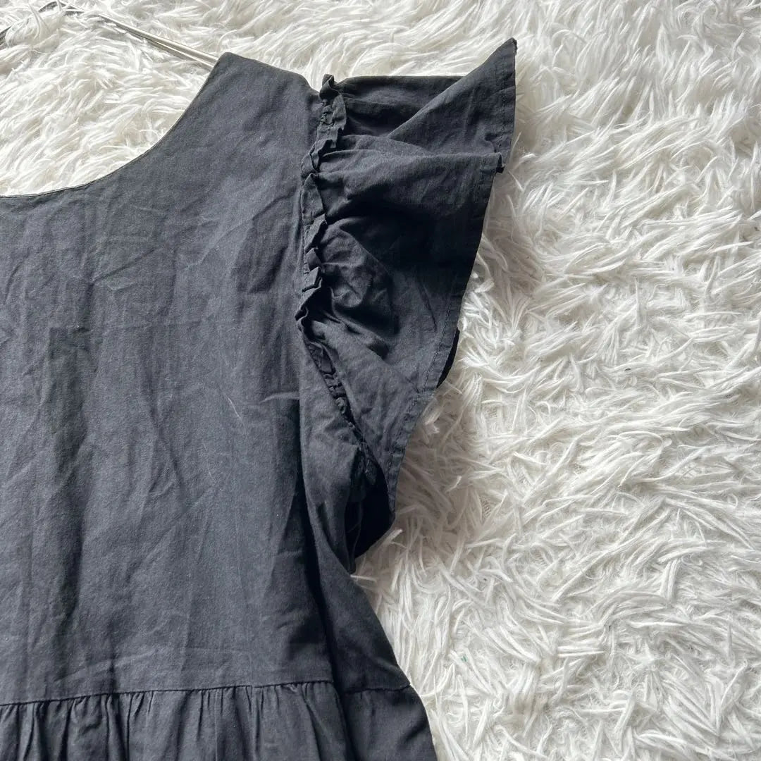 Long cut and sew flare dress, black, M, L, sleeve ruffles, plain, old clothes