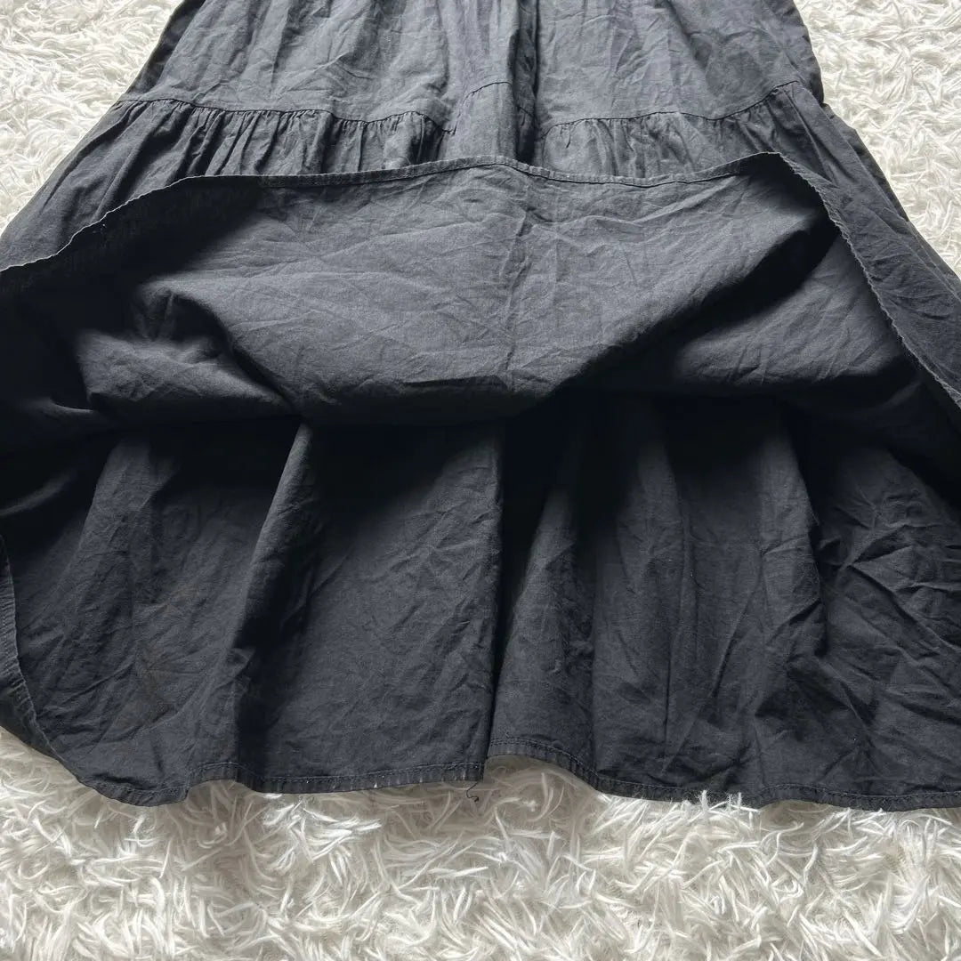 Long cut and sew flare dress, black, M, L, sleeve ruffles, plain, old clothes