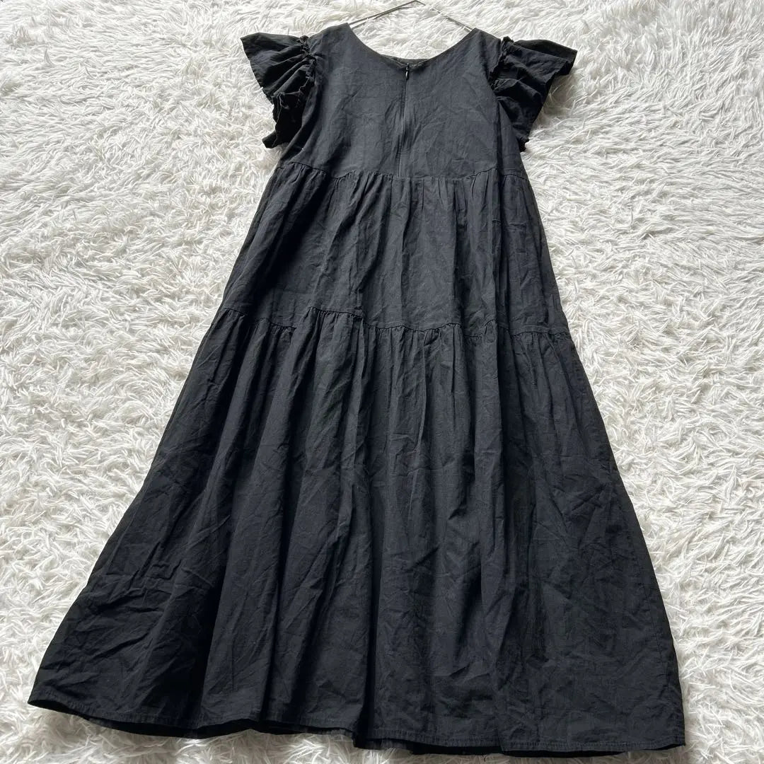 Long cut and sew flare dress, black, M, L, sleeve ruffles, plain, old clothes