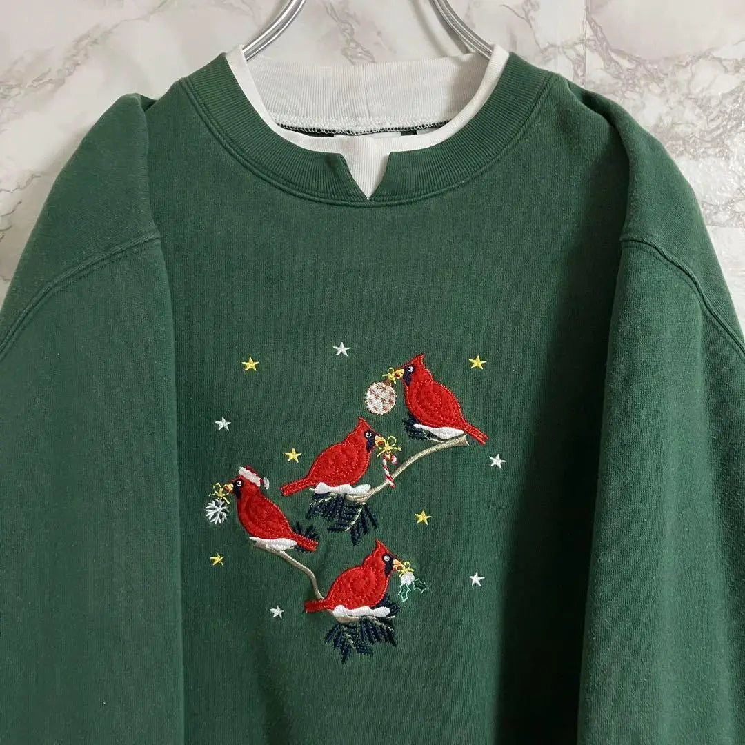 [Súper linda] Sudadera con estampado animal y bordado de pájaros en color verde XL☆