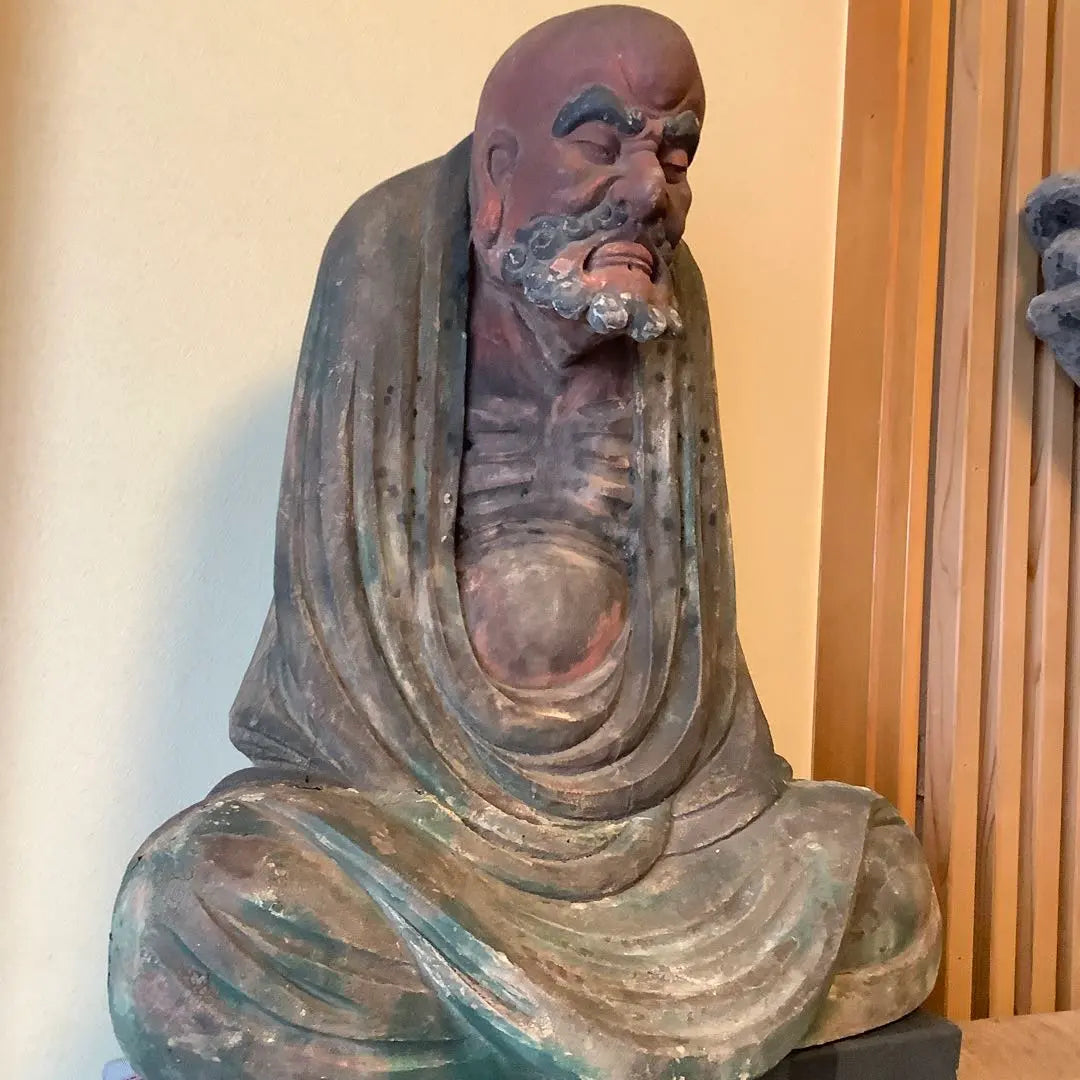 The Ming Dynasty of China's Zen spirit "Daruma Daishi, founder of Zen Buddhism" Bodhitara, meditation, zazen, enlightenment, offering, extra-large colored wood carving