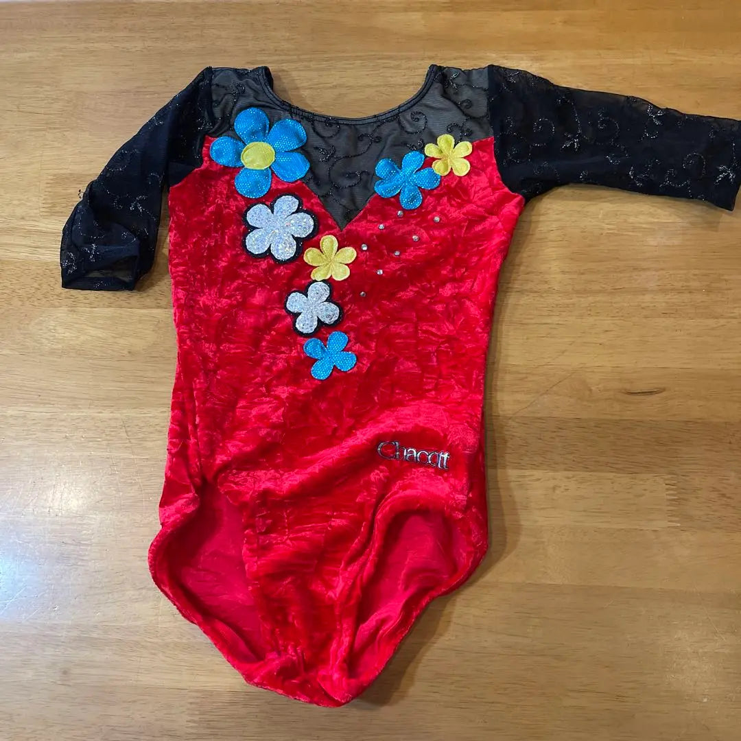 Red and black floral pattern leotard 140 size