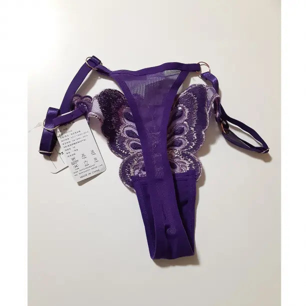 Pantalones cortos de lencería sexy transparente con estampado de mariposa bordada, ropa interior morada con espalda en T