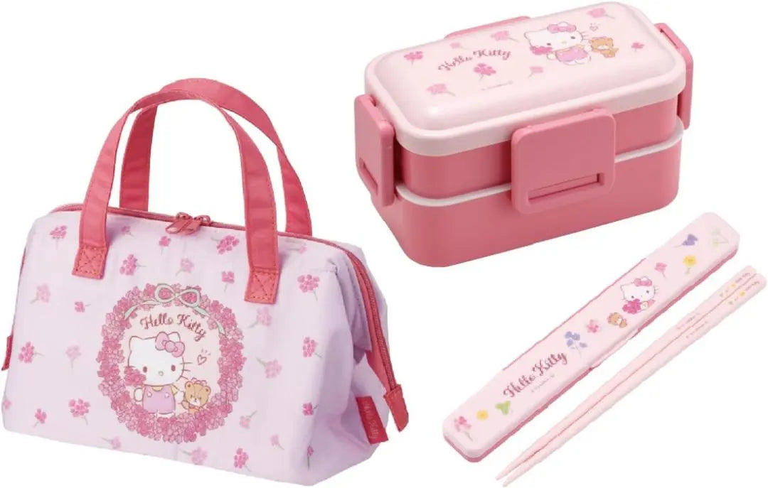 New ◆ SKATER lunch box 3 points set ◆ Hello Kitty Sanrio Flower Pattern 2 -stage chopstick cool bag | 新品◆Skaterお弁当箱3点セット◆ハローキティサンリオ花柄2段お箸保冷バッグ