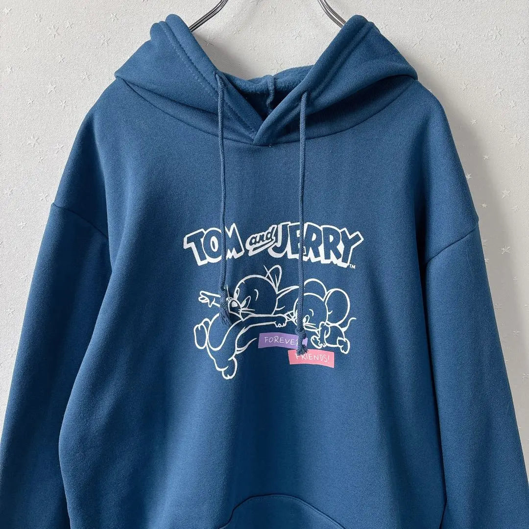 Tom and Jerry Character Parka Sweatshirt Large Size Casual Blue