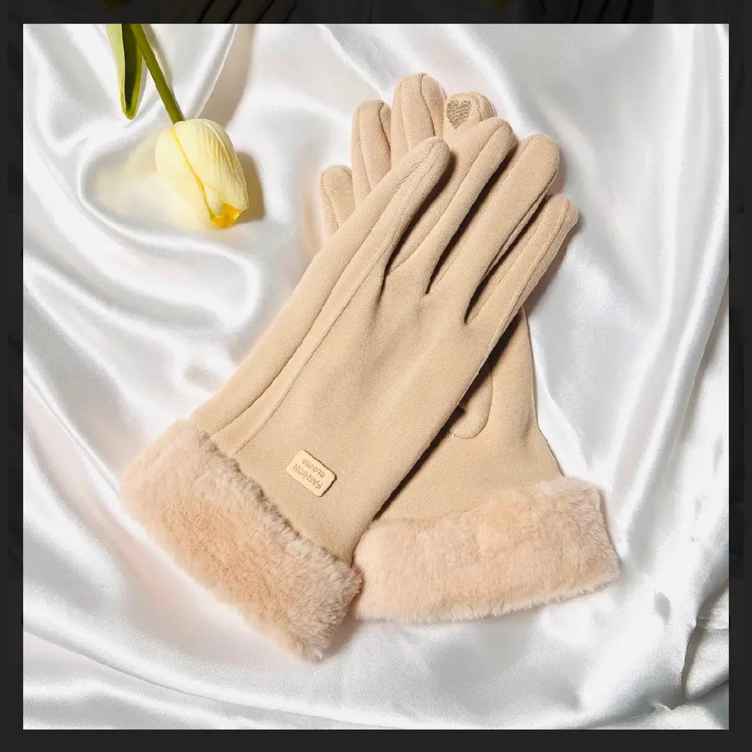 Women's gloves, smartphone compatible, fluffy, fleece lining, winter, cold protection, windproof, fur, five fingers