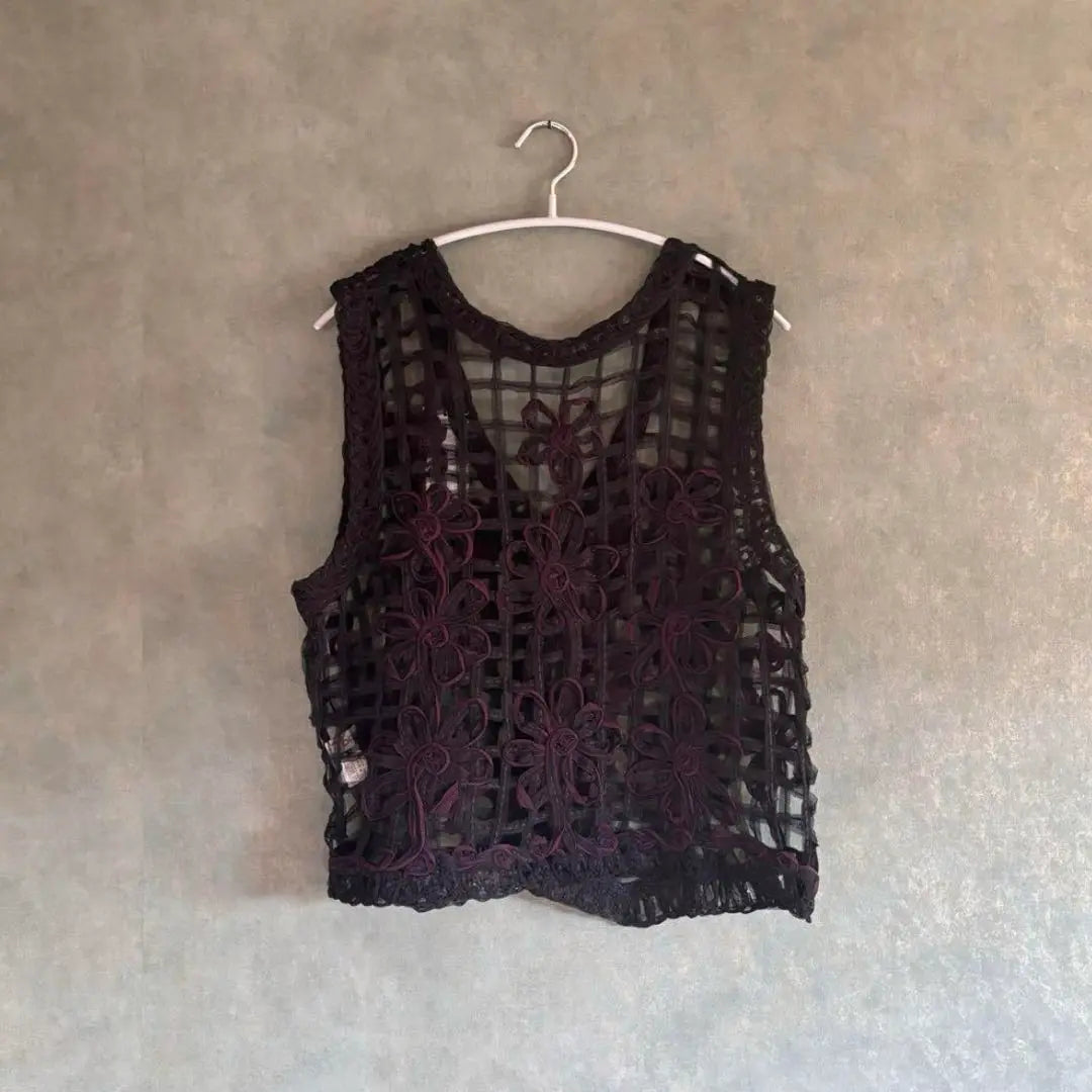 Floral lace sheer vest with tag, Showa retro vest, retro coordination, adult vintage clothing mix