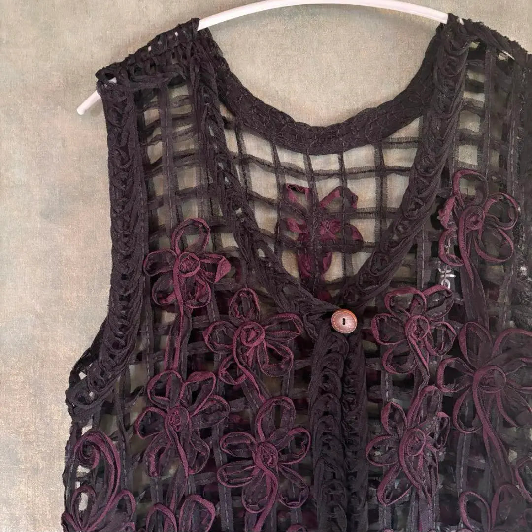 Floral lace sheer vest with tag, Showa retro vest, retro coordination, adult vintage clothing mix