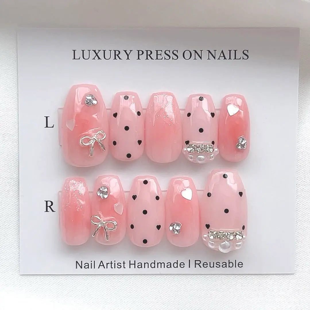 Cheek nails, nail tips, dot nails, pink, heart, korean, girly, actual item