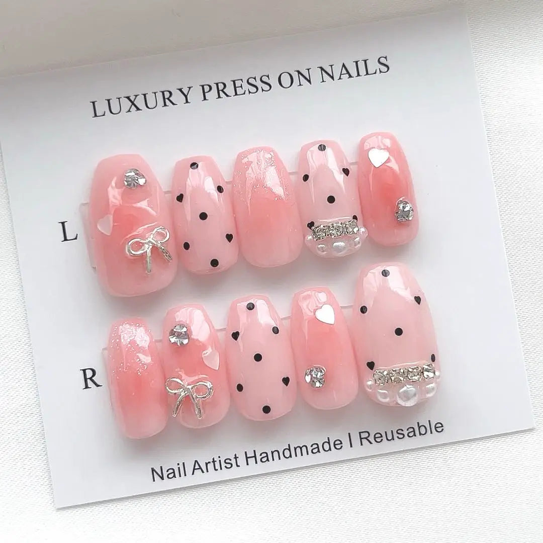 Cheek nails, nail tips, dot nails, pink, heart, korean, girly, actual item