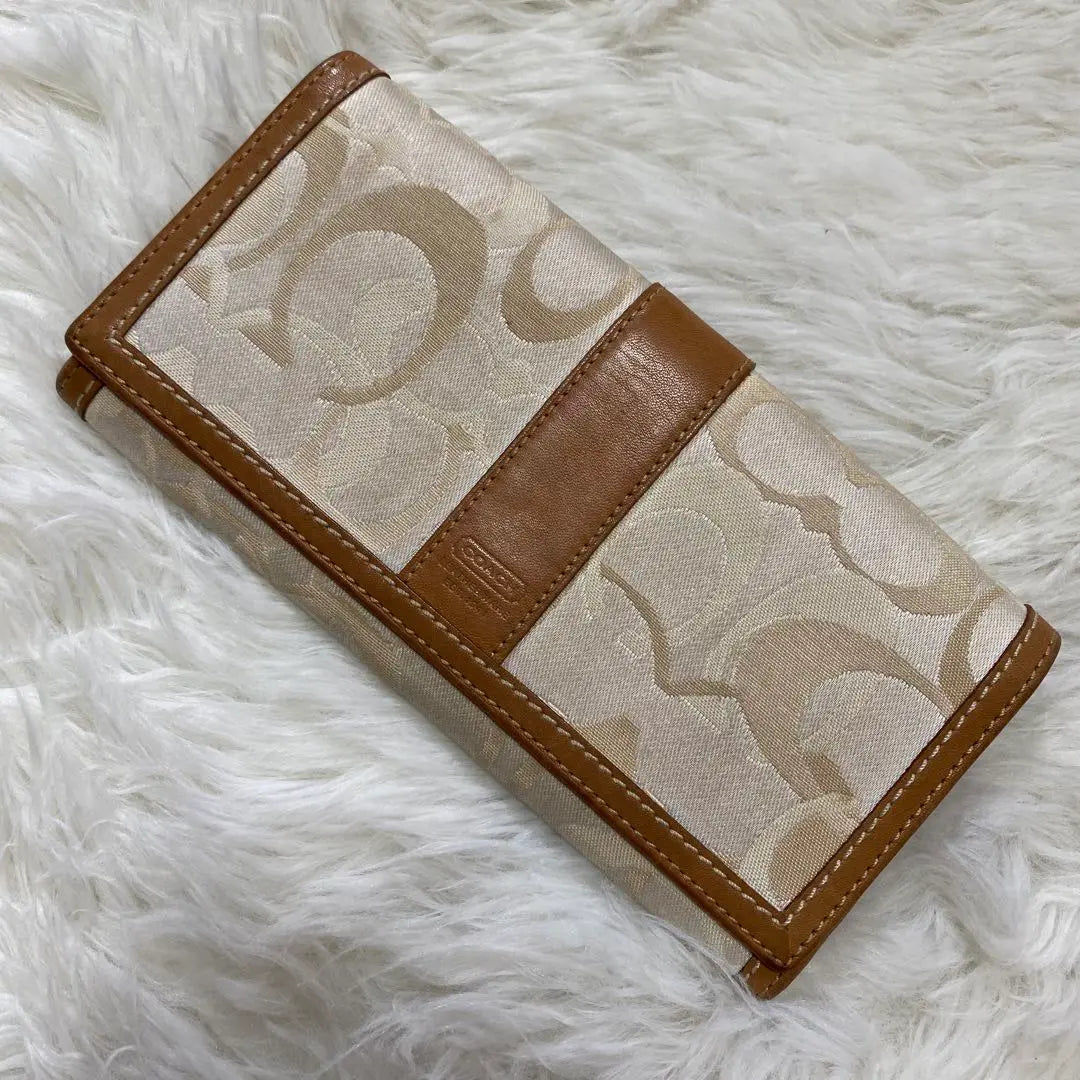 COACH Long Wallet Signature Stripe Genuine Leather Nubuck Leather Ivory