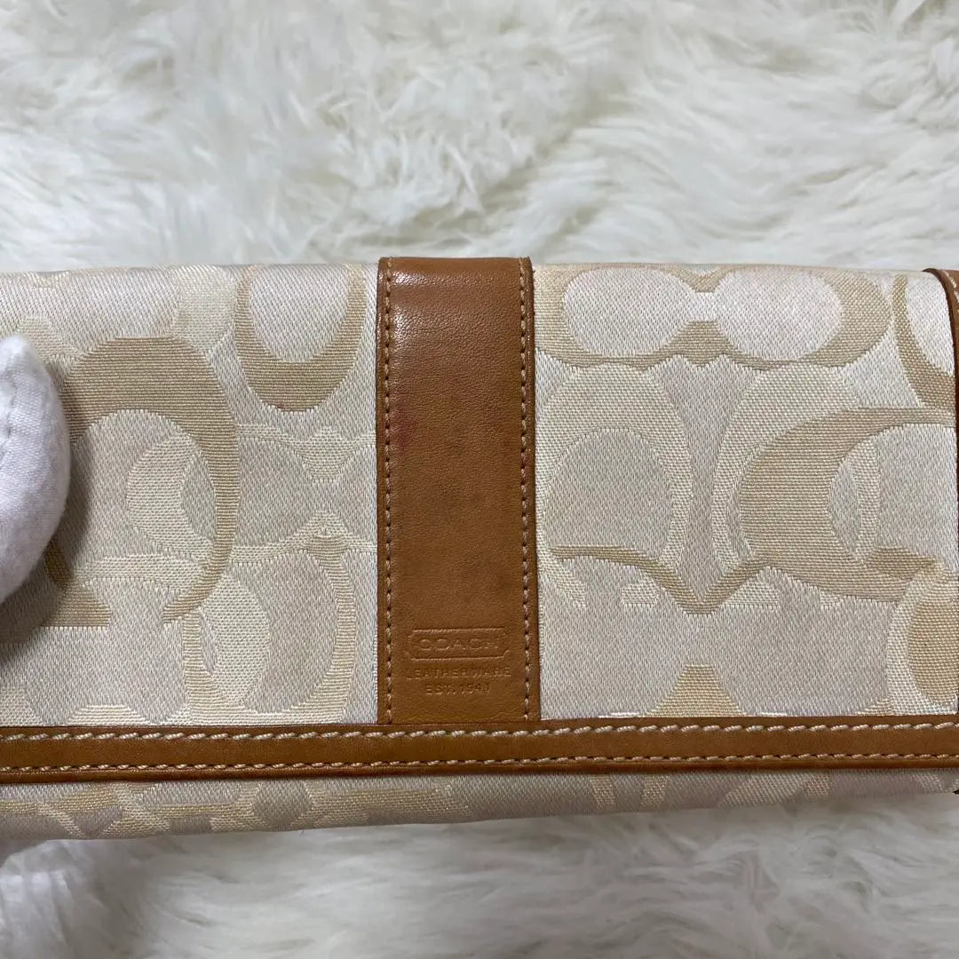 COACH Long Wallet Signature Stripe Genuine Leather Nubuck Leather Ivory