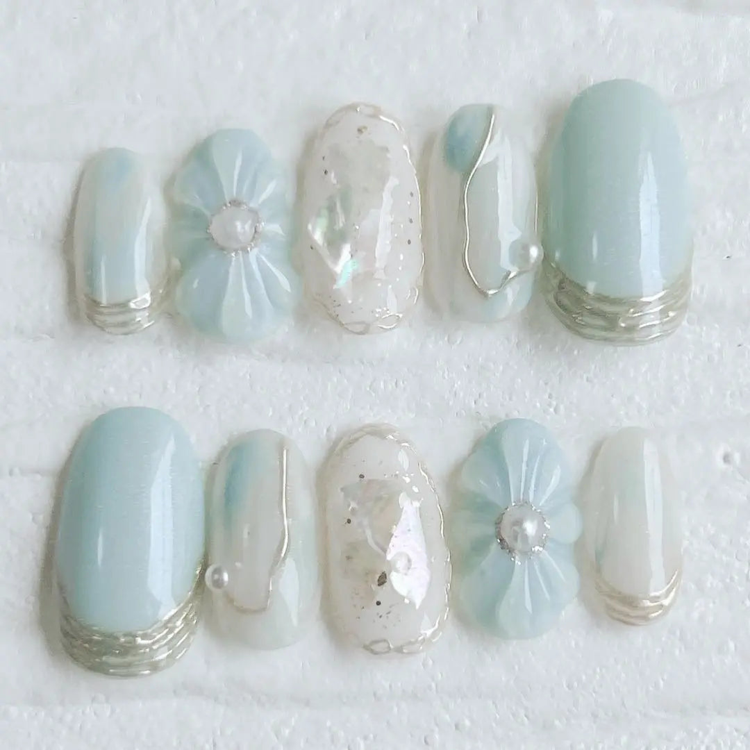 Nuanced nails, summer, cool, light blue, plump flowers, flowers, shell, one-hon, furisode