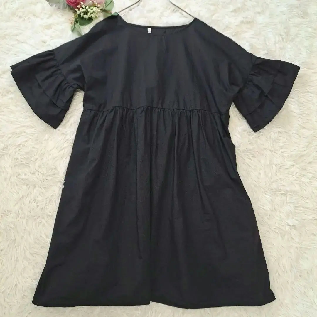 ZOCIYA Sleeve frill short sleeve tunic black loose free size