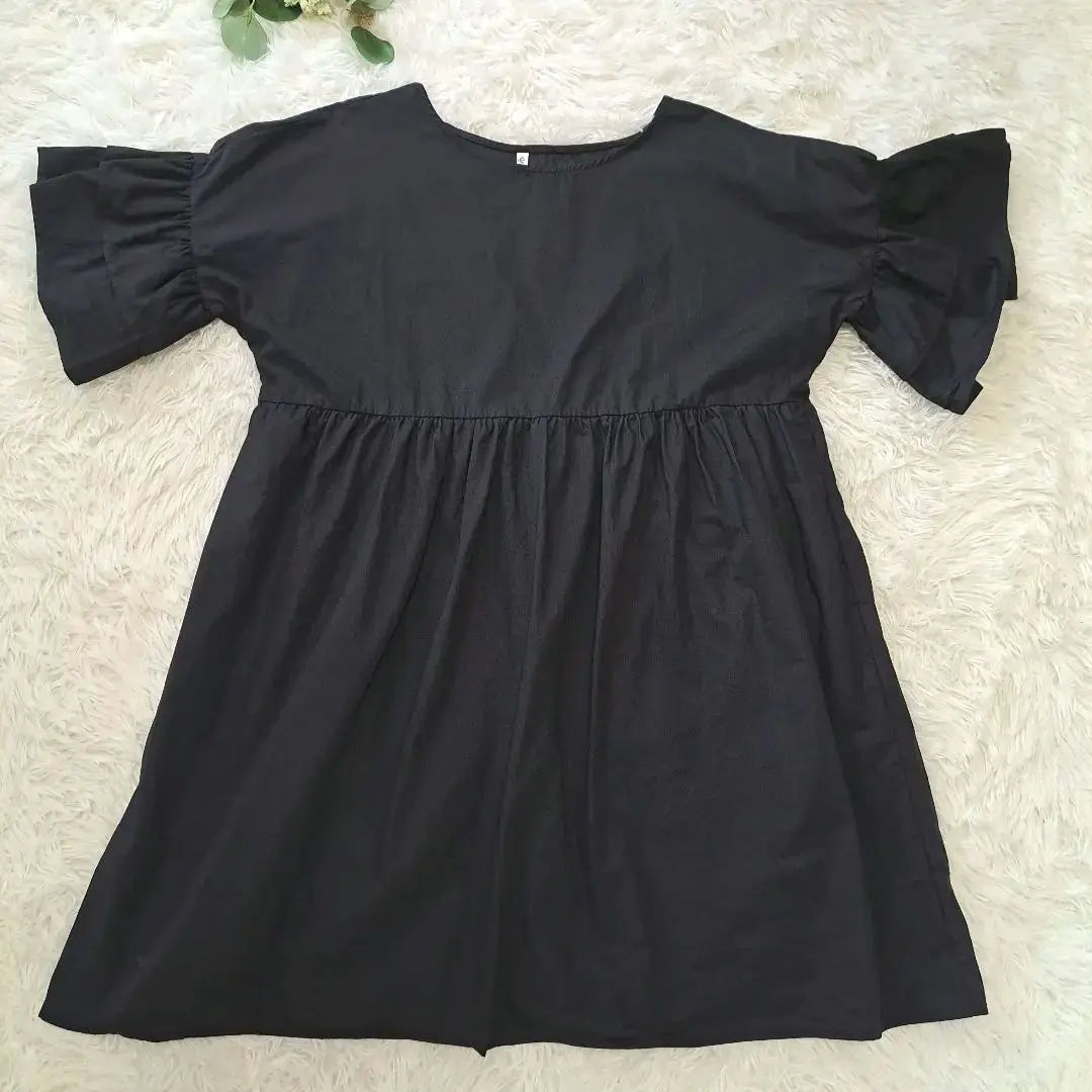 ZOCIYA Sleeve frill short sleeve tunic black loose free size