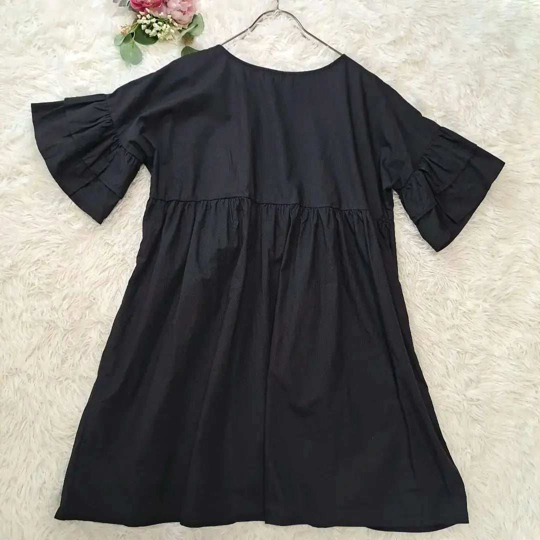 ZOCIYA Sleeve frill short sleeve tunic black loose free size