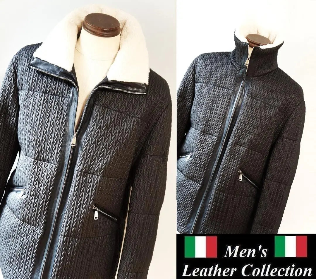 Una fusión de lo militar y lo elegante ☆ Chaqueta de cuero con cuello de mutón Chaqueta de cuero negra para hombre Cuero genuino nuevo